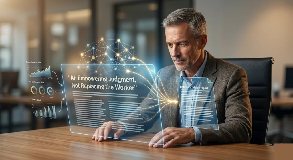 A mature, experienced male manager in a professional office setting looks intently at a sleek, glowing holographic display on his desk. The futuristic interface visualizes data charts, graphs, and a prominent document titled "AI: Empowering Judgment, Not Replacing the Worker," which flows seamlessly into a refined strategic report, symbolizing the partnership between human wisdom and AI computational power