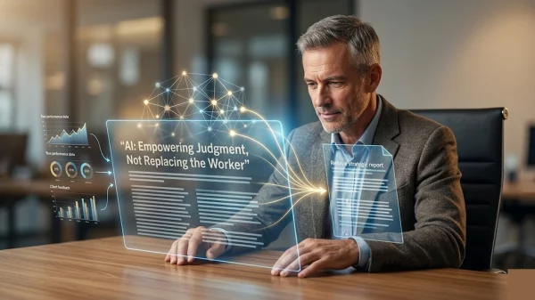 A mature, experienced male manager in a professional office setting looks intently at a sleek, glowing holographic display on his desk. The futuristic interface visualizes data charts, graphs, and a prominent document titled "AI: Empowering Judgment, Not Replacing the Worker," which flows seamlessly into a refined strategic report, symbolizing the partnership between human wisdom and AI computational power