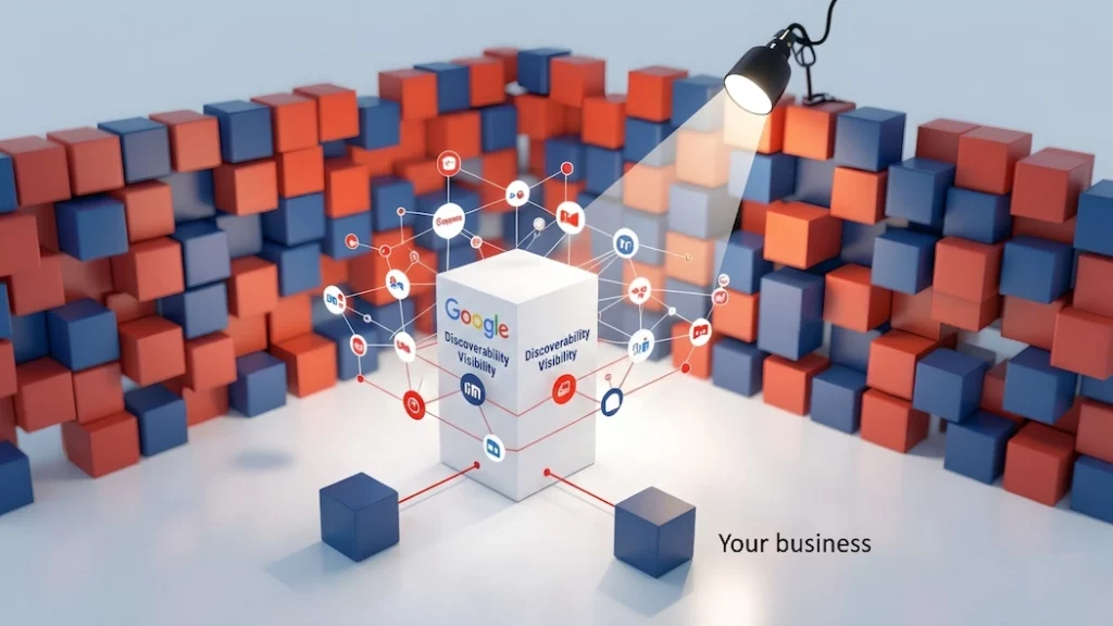 An infographic conceptualizing digital visibility, where a field of varied red, orange, and blue cubes is separated by a clear barrier. A spotlight focuses on a central cluster of connected cubes labeled with business and digital icons, indicating 'Google's Attention/Visibility.' This cluster is highlighted and connected by red lines. Outside the barrier, in the foreground, sits a isolated blue cube labeled 'Your Business,' positioned away from the spotlight and connection grid.