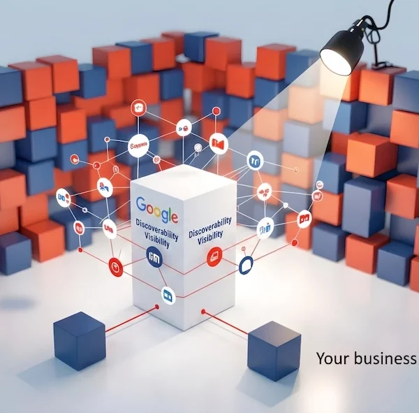 An infographic conceptualizing digital visibility, where a field of varied red, orange, and blue cubes is separated by a clear barrier. A spotlight focuses on a central cluster of connected cubes labeled with business and digital icons, indicating 'Google's Attention/Visibility.' This cluster is highlighted and connected by red lines. Outside the barrier, in the foreground, sits a isolated blue cube labeled 'Your Business,' positioned away from the spotlight and connection grid.