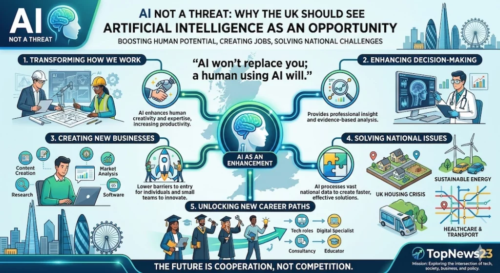 An article infographic for TopNews23 titled 'AI NOT A THREAT: WHY THE UK SHOULD SEE ARTIFICIAL INTELLIGENCE AS AN OPPORTUNITY.' Set against a faint map of the United Kingdom and a London skyline silhouette, the graphic features five main nodes branching out from a central glowing icon labeled 'AI AS AN ENHANCEMENT.' At the top center, the quote reads: 'AI won’t replace you; a human using AI will.' The five numbered sections include: 1. Transforming How We Work (architects collaborating with AI blueprints), 2. Enhancing Decision-Making (a doctor analyzing medical data on a screen), 3. Creating New Businesses (an entrepreneur on a laptop launching a startup), 4. Solving National Issues (illustrations representing the UK housing crisis, sustainable energy, and healthcare), and 5. Unlocking New Career Paths (graduates transitioning into new digital roles). The footer reads: 'THE FUTURE IS COOPERATION, NOT COMPETITION.'