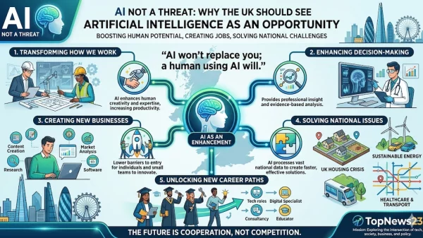 An article infographic for TopNews23 titled 'AI NOT A THREAT: WHY THE UK SHOULD SEE ARTIFICIAL INTELLIGENCE AS AN OPPORTUNITY.' Set against a faint map of the United Kingdom and a London skyline silhouette, the graphic features five main nodes branching out from a central glowing icon labeled 'AI AS AN ENHANCEMENT.' At the top center, the quote reads: 'AI won’t replace you; a human using AI will.' The five numbered sections include: 1. Transforming How We Work (architects collaborating with AI blueprints), 2. Enhancing Decision-Making (a doctor analyzing medical data on a screen), 3. Creating New Businesses (an entrepreneur on a laptop launching a startup), 4. Solving National Issues (illustrations representing the UK housing crisis, sustainable energy, and healthcare), and 5. Unlocking New Career Paths (graduates transitioning into new digital roles). The footer reads: 'THE FUTURE IS COOPERATION, NOT COMPETITION.'