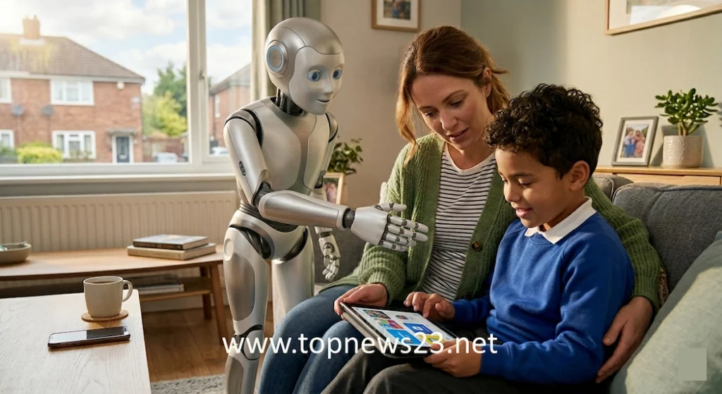 A mother and her young son sit together on a living room sofa in a bright UK home, looking at a tablet screen. Standing beside them, a sleek, friendly-looking humanoid robot reaches its hand out toward the child, symbolizing the intersection of technology and family life.