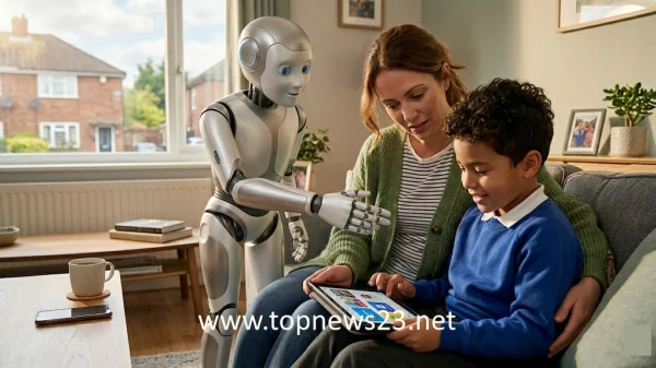 A mother and her young son sit together on a living room sofa in a bright UK home, looking at a tablet screen. Standing beside them, a sleek, friendly-looking humanoid robot reaches its hand out toward the child, symbolizing the intersection of technology and family life.