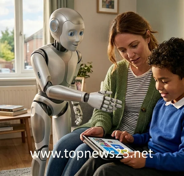 A mother and her young son sit together on a living room sofa in a bright UK home, looking at a tablet screen. Standing beside them, a sleek, friendly-looking humanoid robot reaches its hand out toward the child, symbolizing the intersection of technology and family life.