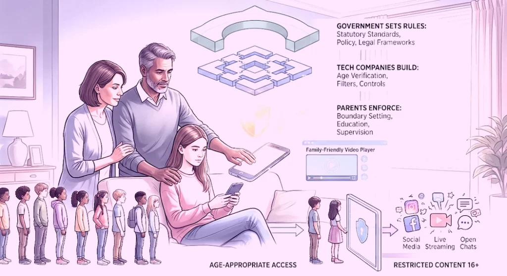 Infographic showing a family and a three-tier digital safety model: Government sets rules, tech companies build safeguards, and parents enforce them.