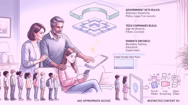 Infographic showing a family and a three-tier digital safety model: Government sets rules, tech companies build safeguards, and parents enforce them.