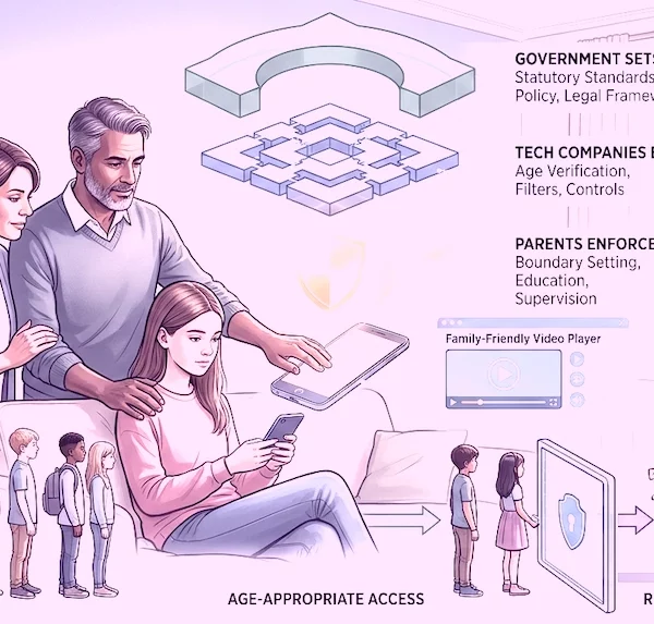 Infographic showing a family and a three-tier digital safety model: Government sets rules, tech companies build safeguards, and parents enforce them.