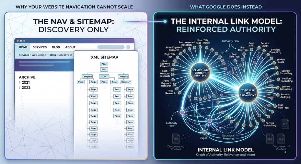 A conceptual technical infographic titled "Why Your Website Navigation Cannot Scale — And What Google Does Instead." The graphic illustrates a website structural plateau. An XML sitemap clipboard on the left points to an overflowing, rigid website navigation column labeled "Discovery Only." This transitions into a sprawling, multi-layered digital network chart on the right representing "Google’s Internal Model." Glowing data pathways of "Internal Links" connect individual content pages to central "Authority Hubs," showing how topical relevance and structural reinforcement create search engine visibility.