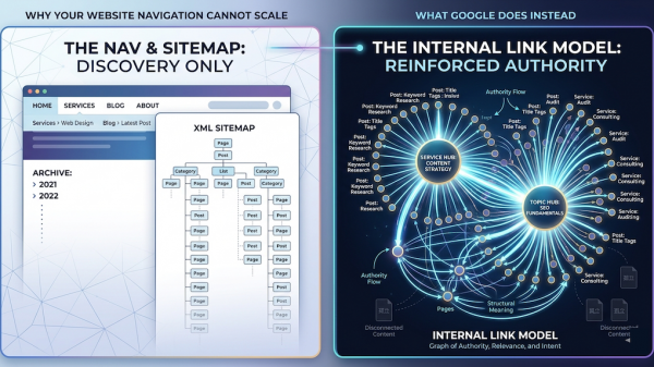 A conceptual technical infographic titled "Why Your Website Navigation Cannot Scale — And What Google Does Instead." The graphic illustrates a website structural plateau. An XML sitemap clipboard on the left points to an overflowing, rigid website navigation column labeled "Discovery Only." This transitions into a sprawling, multi-layered digital network chart on the right representing "Google’s Internal Model." Glowing data pathways of "Internal Links" connect individual content pages to central "Authority Hubs," showing how topical relevance and structural reinforcement create search engine visibility.