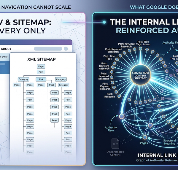 A conceptual technical infographic titled "Why Your Website Navigation Cannot Scale — And What Google Does Instead." The graphic illustrates a website structural plateau. An XML sitemap clipboard on the left points to an overflowing, rigid website navigation column labeled "Discovery Only." This transitions into a sprawling, multi-layered digital network chart on the right representing "Google’s Internal Model." Glowing data pathways of "Internal Links" connect individual content pages to central "Authority Hubs," showing how topical relevance and structural reinforcement create search engine visibility.